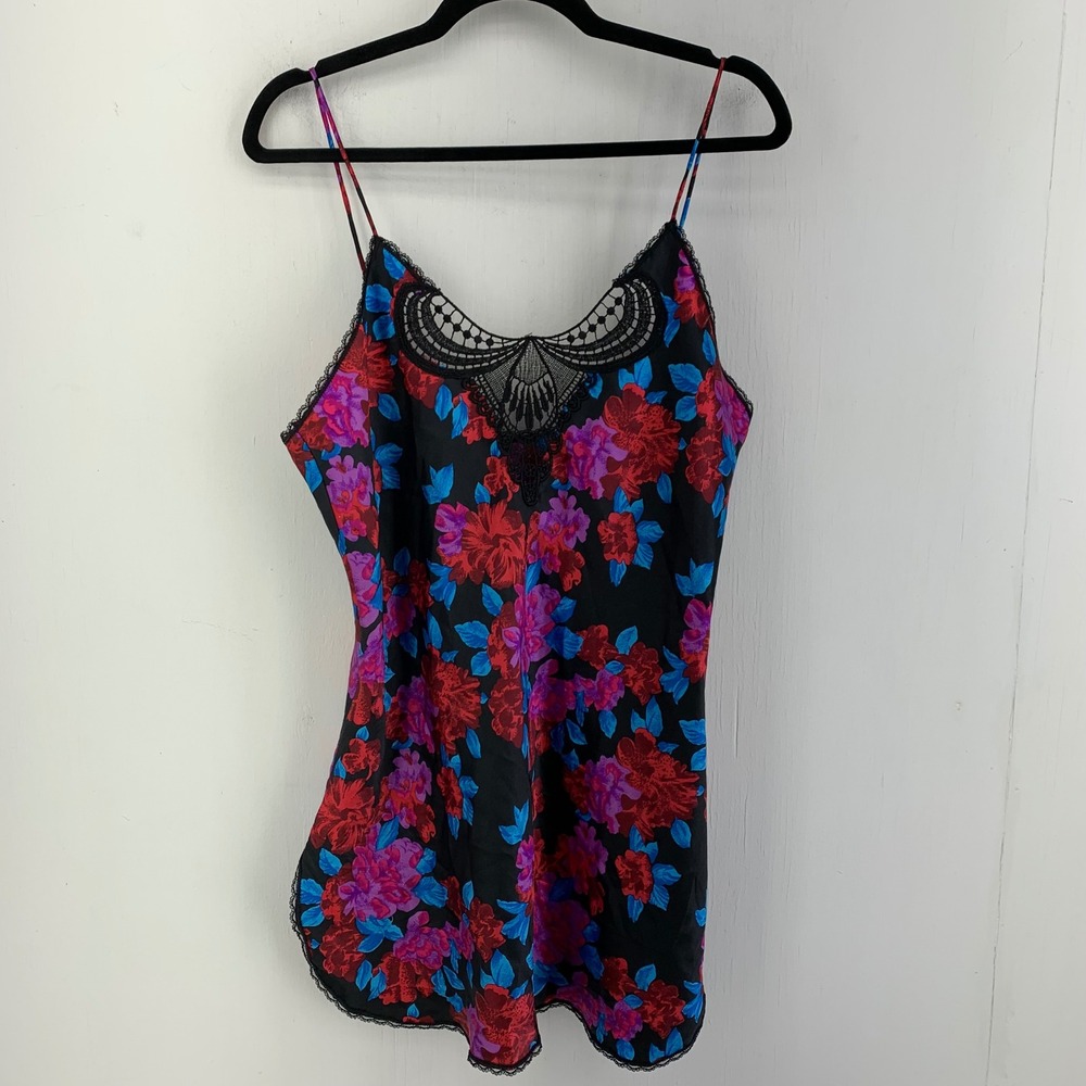 Deena Vintage‎ Dark Floral Satin Slip Dress Lace Trim Medium Grunge Coquette